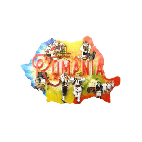 Souvenir România - Magnet harta cu tricolor Romania 8x6 cm