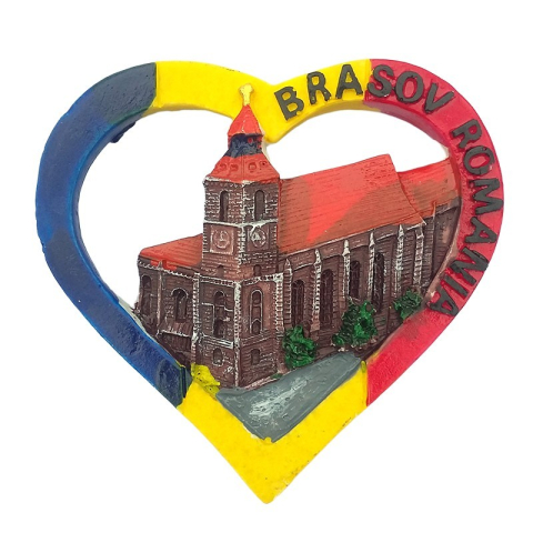 Souvenir România - Magnet rasina inima Biserica Neagra Brasov Romania 7x7 cm