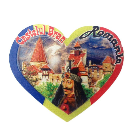 Souvenir România - Magnet rasina inima Castelul Bran Vlad Tepes 7x6 cm