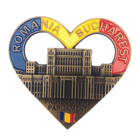 Souvenir România - Magnet metalic forma inima 8x7 cm Palatul Parlamentului