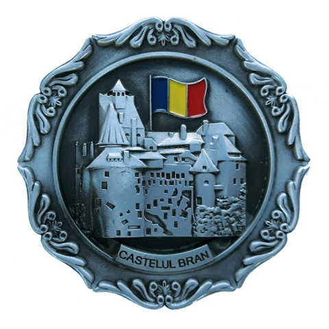 Casă și decorațiuni - Magnet metal Castelul Bran rotund cu tricolor