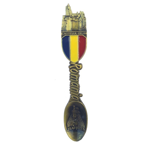 Souvenir România - Magnet metalic lingurita Castelul Bran si Vlad Tepes 3x12 cm