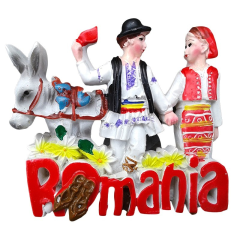 Souvenir România - Magnet rasina 7x7 cm Tarani cu magarus Romania