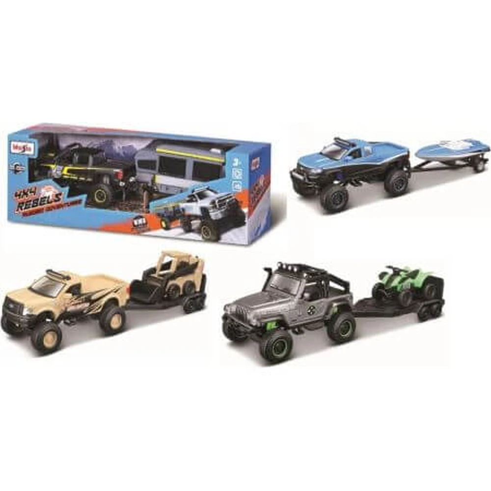 Mașinuțe de jucărie - Masinuta metalica 4x4 Rebels Rugged Adventures cu remorca Maisto
