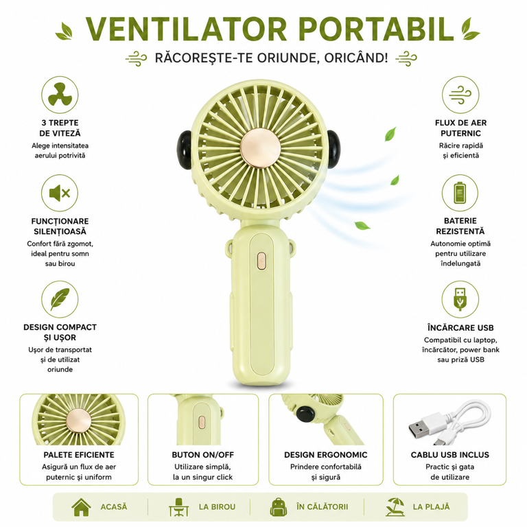 Mini ventilator de mana portabil reincarcabil USB 3 trepte de viteza verde [1]