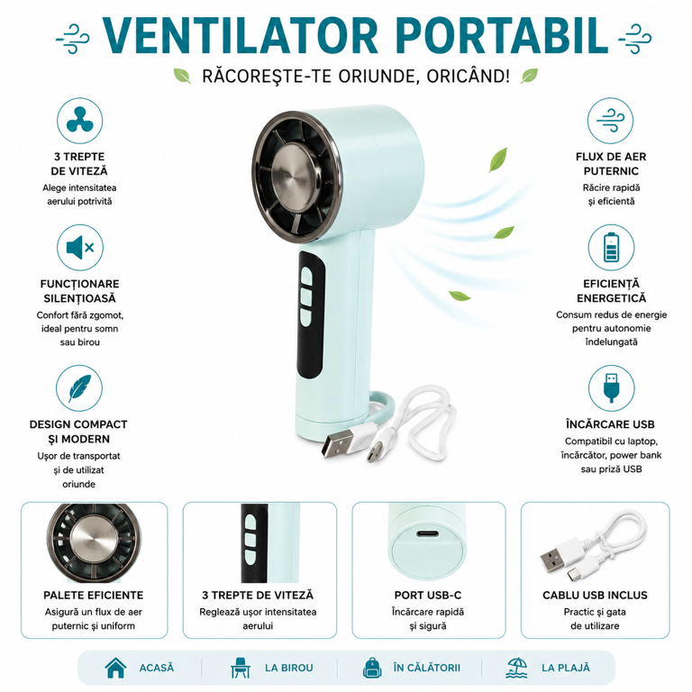 Mini ventilator de mana portabil cu incarcare USB albastru [2]