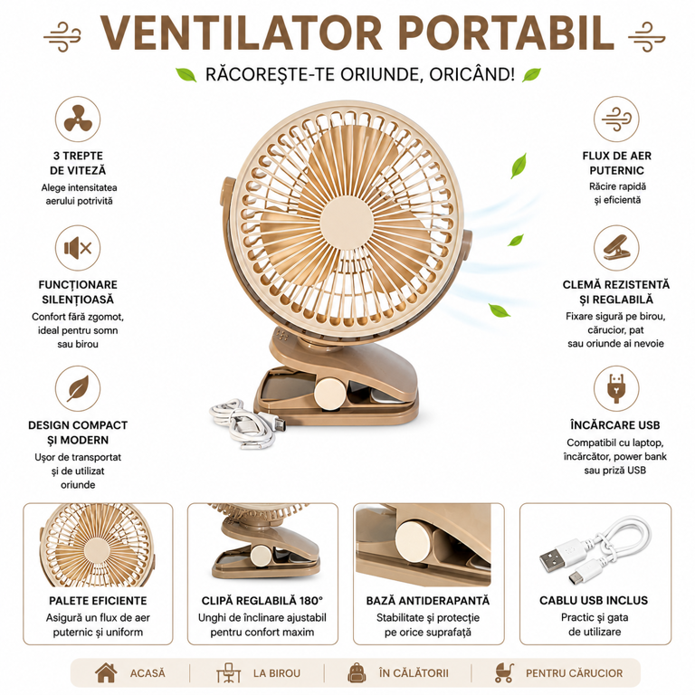 Ventilator portabil reincarcabil cu clema si suport reglabil crem [2]