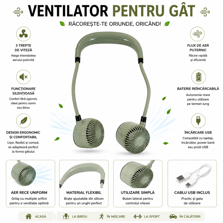 Ventilator portabil pentru gat cu doua capete reincarcabil verde inchis [2]
