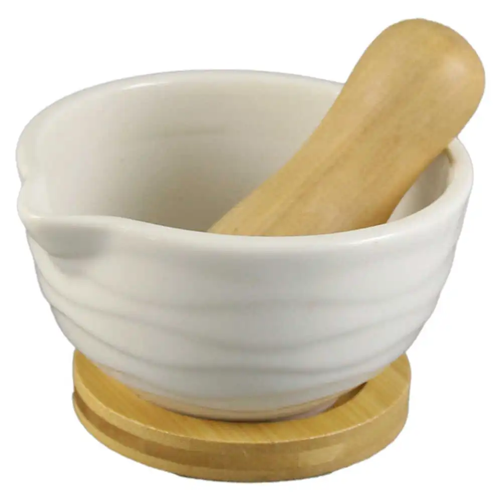 Casă și decorațiuni - Mojar din ceramica cu suport si pistil bambus 11x9x14 cm