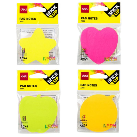 Papetărie și articole din hârtie - Notes adeziv diverse forme 76x76mm 4x20 file neon Deli
