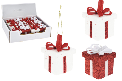 Ornamente suspendate - Decoratiune de Craciun suspendata Cadou stralucitor cu funda - 6 x 6 x 6 cm