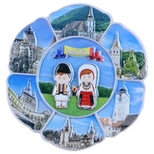 Magneți - Magnet frigider Romania cuplu in port traditional cu castele 7 cm