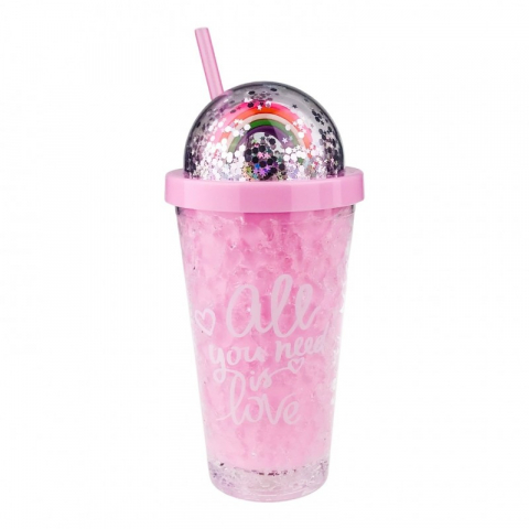Căni și pahare - Pahar plastic cu pai imitatie gheata 10x20 cm