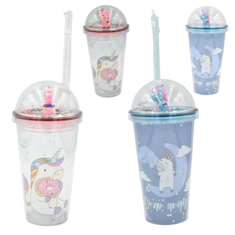 Pahare și sticle pentru scoală - Pahar plastic cu pai model unicorn