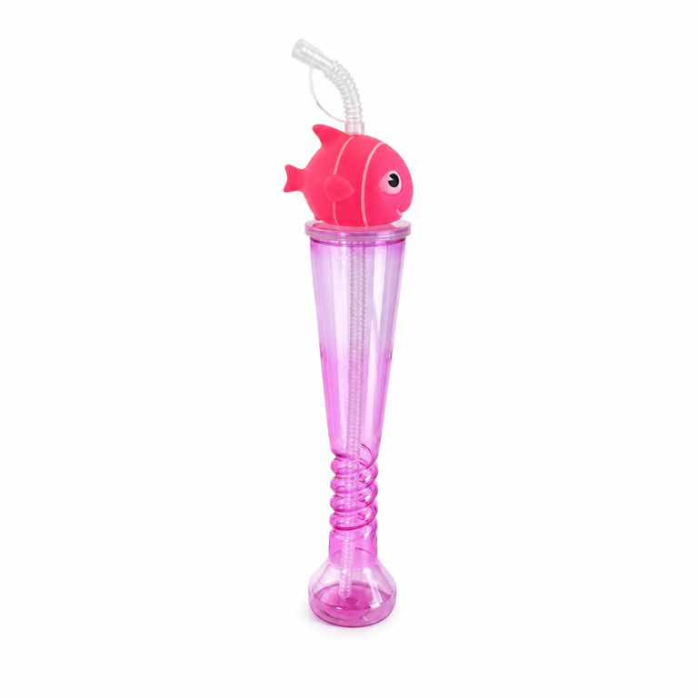 Pahare și sticle pentru scoală - Pahar plastic cu capac forma pesti si pai 37x6cm