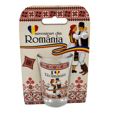 Căni și pahare - Pahar shot 40ml I love Romania cu dansatori populari