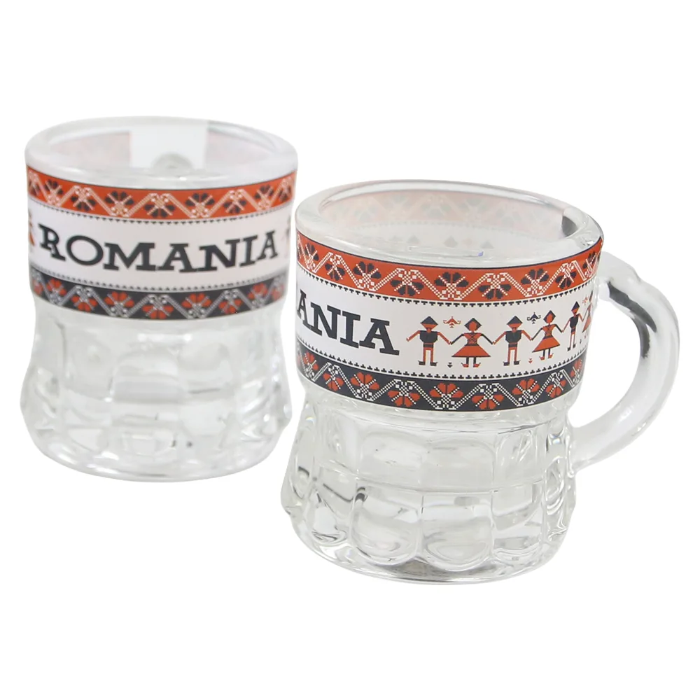 Căni și pahare - Pahar snaps din sticla cu maner Romania 4x5 cm dansatori populari