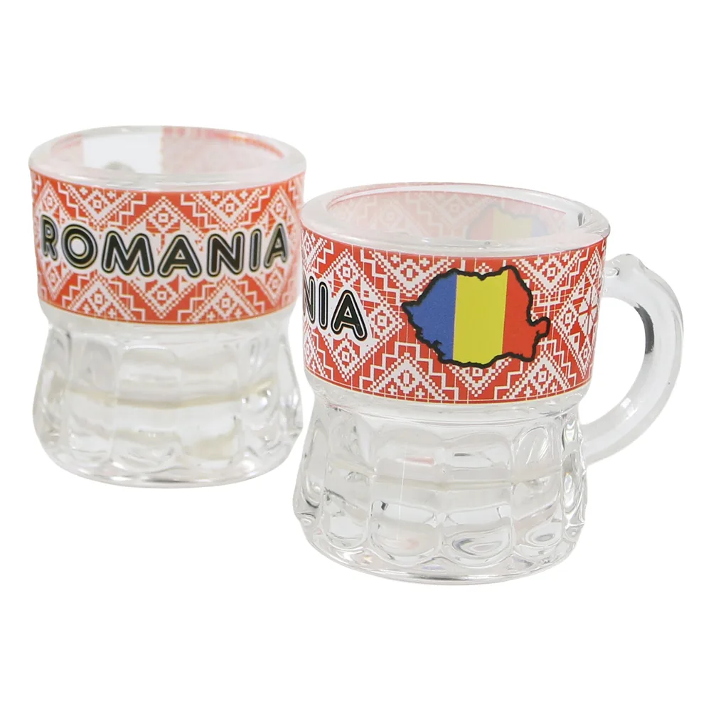 Căni și pahare - Pahar snaps din sticla cu maner Romania 4x5 cm Harta Romaniei