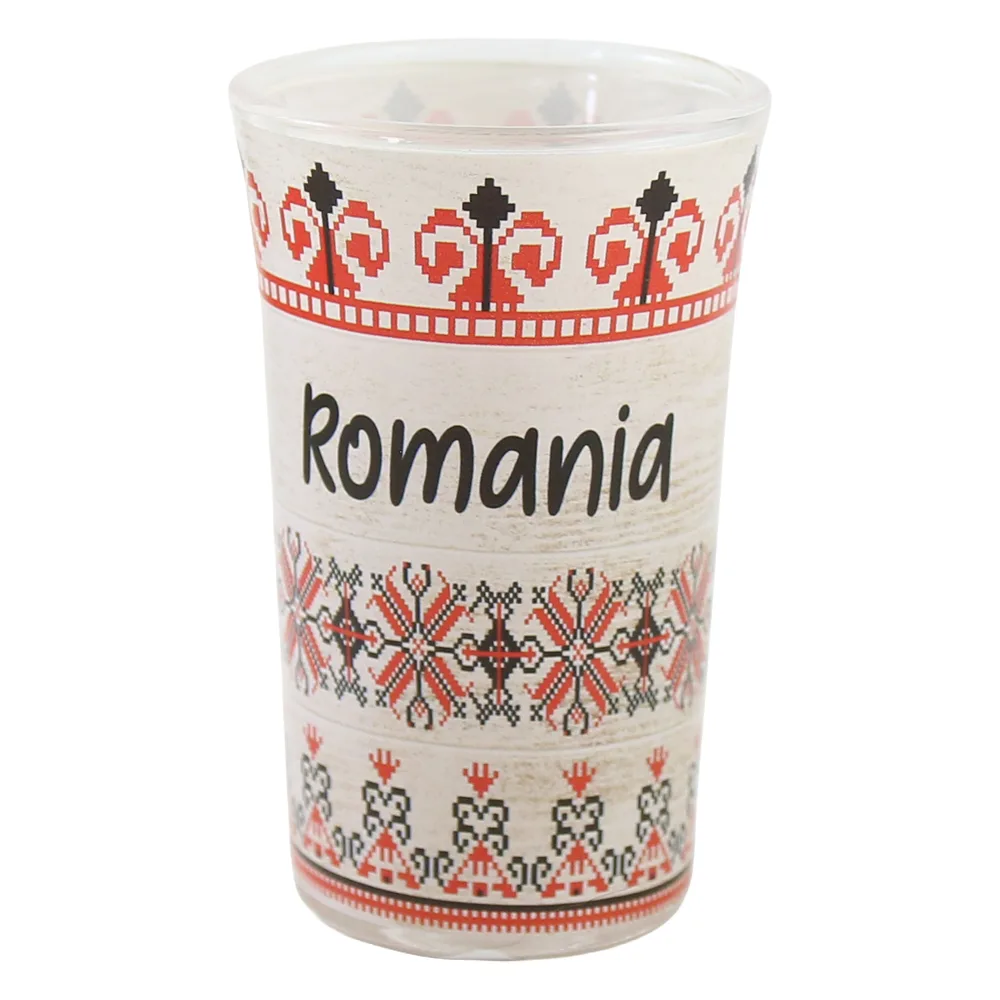 Căni și pahare - Pahar snaps din sticla Romania 4x7 cm cu motive traditionale
