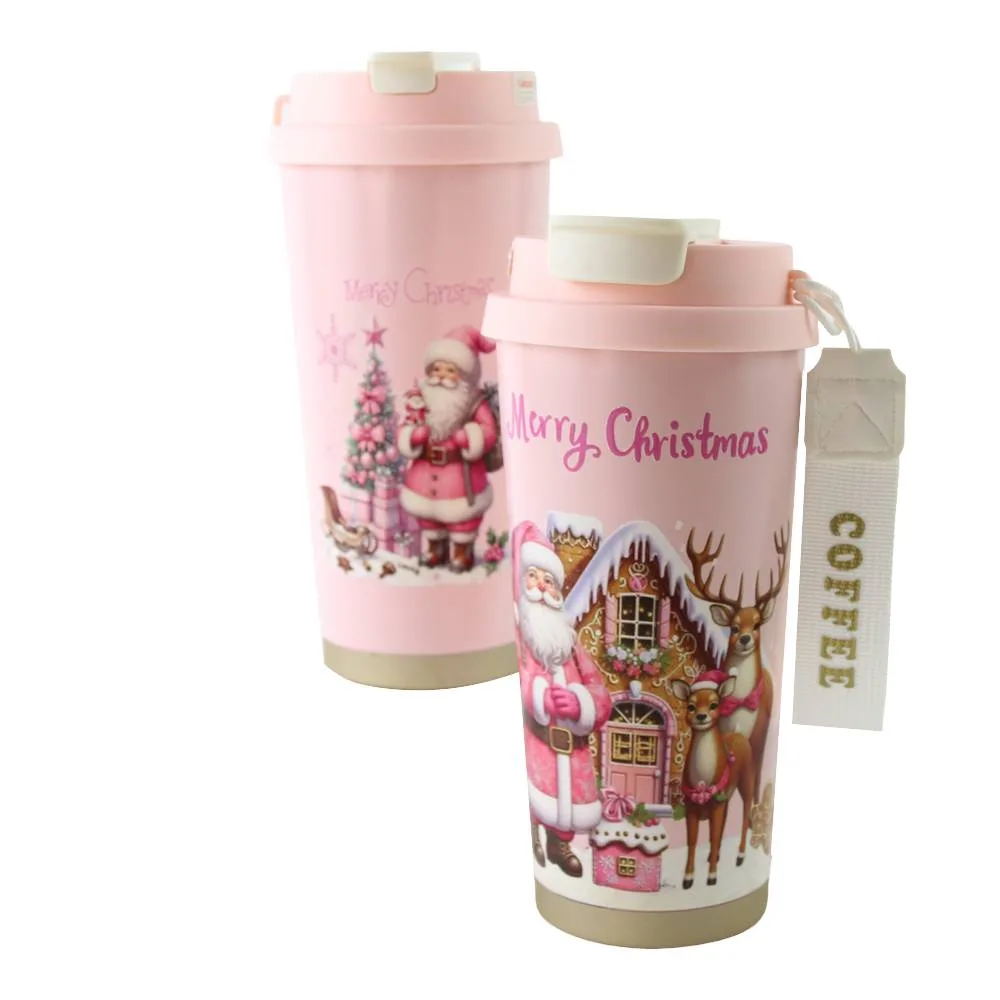 Noutăți Librăria Compas - Pahar termos de Craciun 450 ml cu capac Mos Craciun roz modele diverse