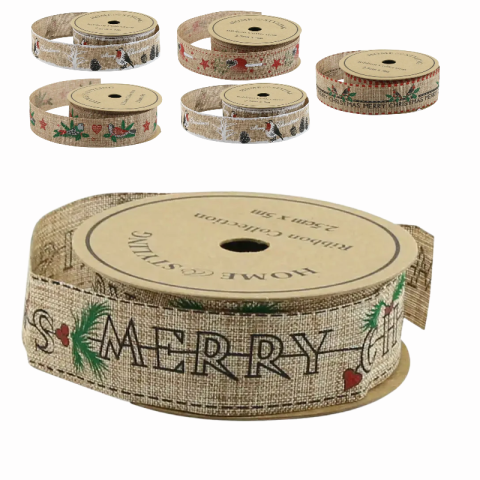 Cadouri și ambalaje - Panglica textila de Craciun Merry Christmas 2.5 x 500 cm modele diverse