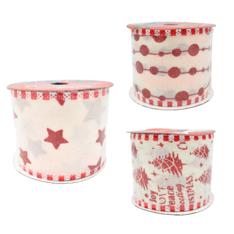 Funde și panglici - Panglica cadou Craciun 6.3cm x2.75m alb transparent cu rosu