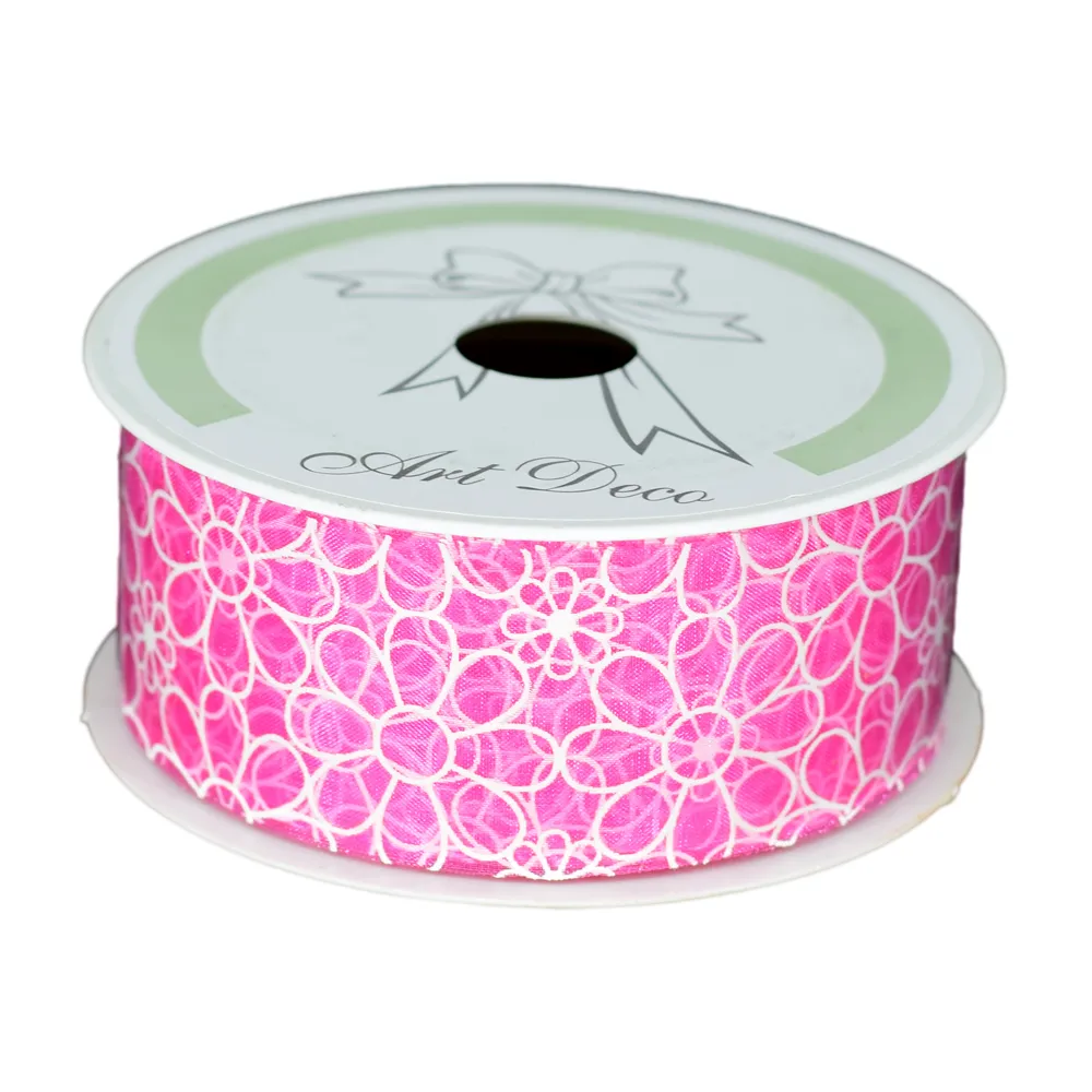 Funde și panglici - Rola panglica organza roz cu motive florale 38mm x 20m