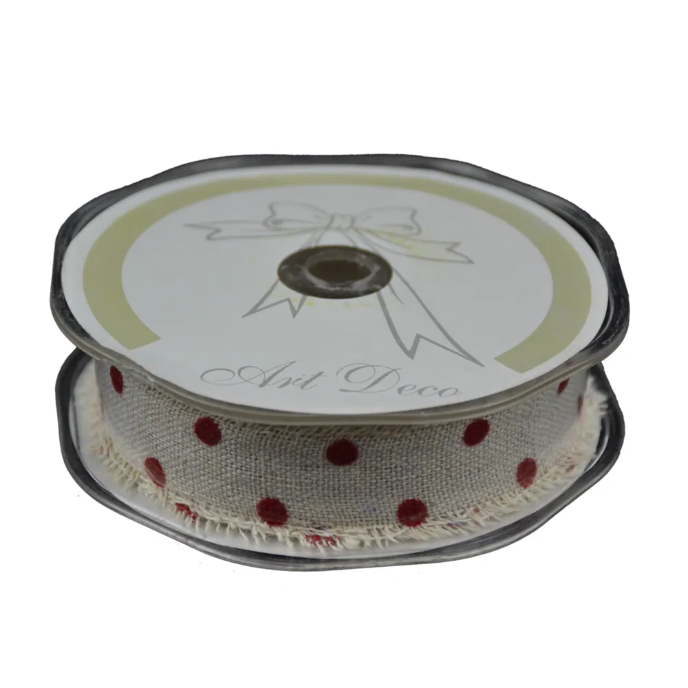 Funde și panglici - Panglica din panza de iuta crem cu buline rosii 25mm x 20m