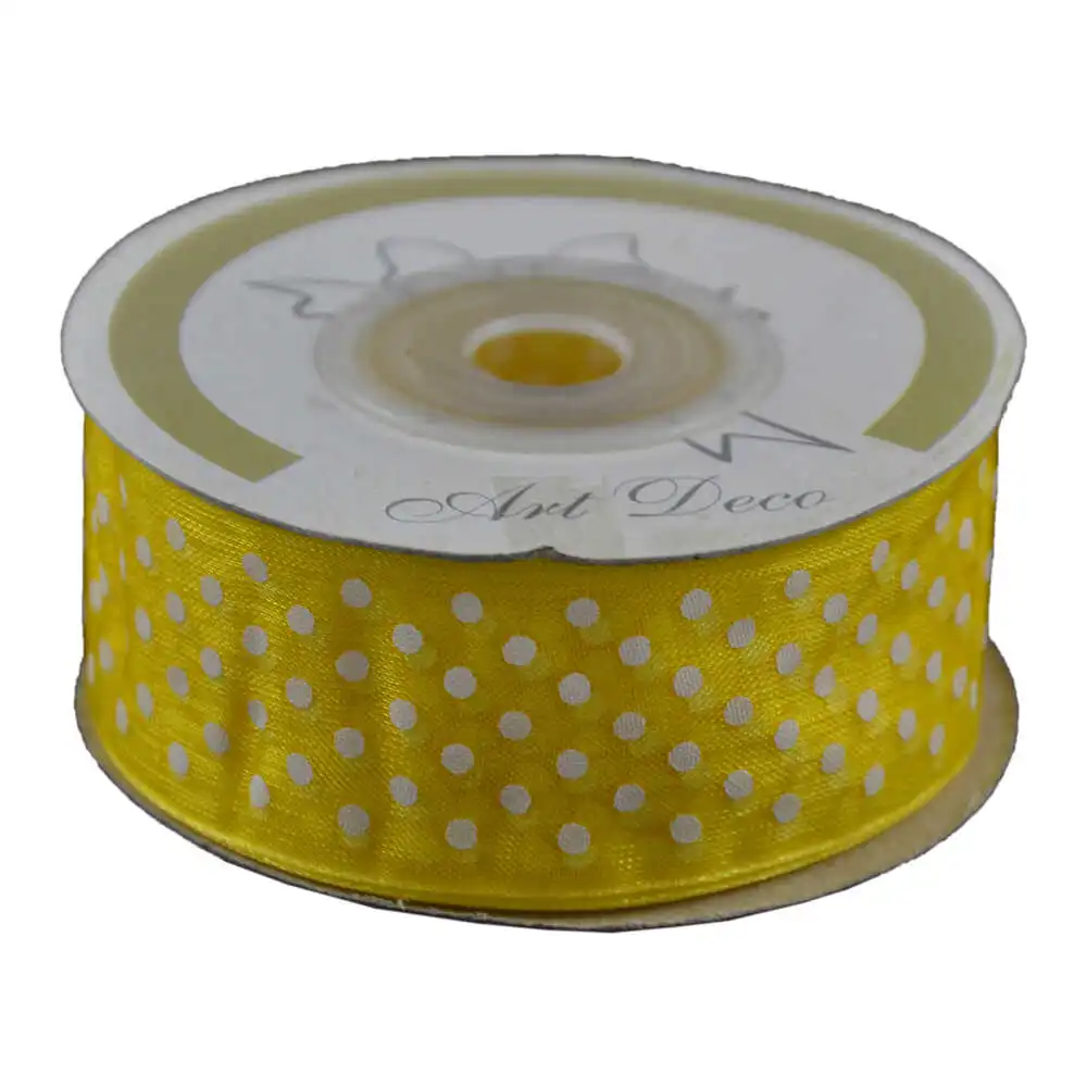 Accesorii pentru impachetat - Panglica decor organza 25mm x 20m galbena cu buline albe Art Deco
