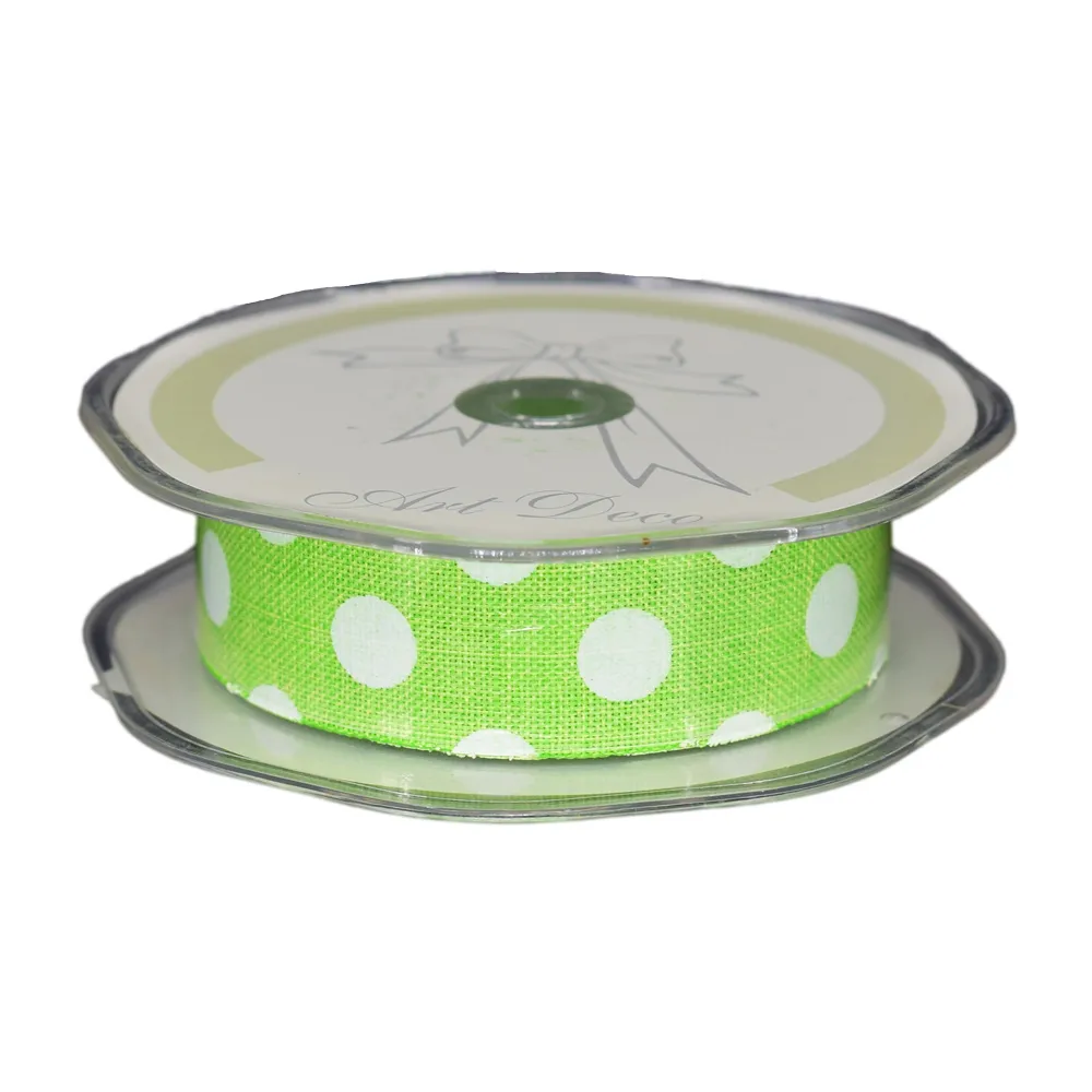Funde și panglici - Panglica decorativa din iuta verde cu buline albe 25mm x 10m