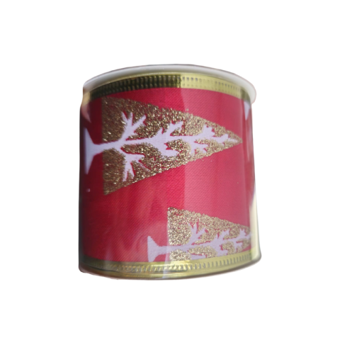 Panglica pentru cadouri Craciun 6.3cm x 2.7m rosu cu brazi aurii [1]