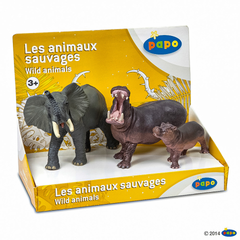 Figurine - PAPO SET ANIMALE SALBATICE ELEFANT, HIPOPOTAM SI HIPOPOTAM PUI