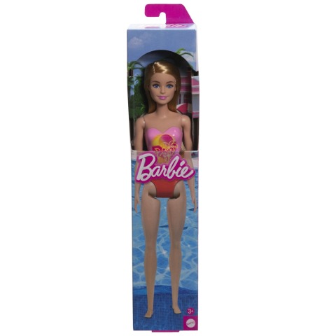 Păpuși și accesorii - PAPUSA BARBIE BLONDA CU COSTUM DE BAIE ROZ LA PISCINA