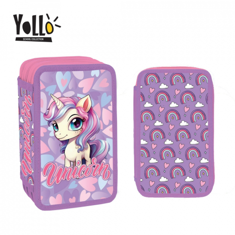 Noutăți Librăria Compas - Penar YOLLO Unicorn 3 compartimente echipat 38 piese 14x6.5x20 cm