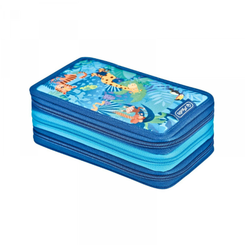 Rechizite școlare - Penar echipat 31 piese 3 compartimente Herlitz Jungle Safari albastru