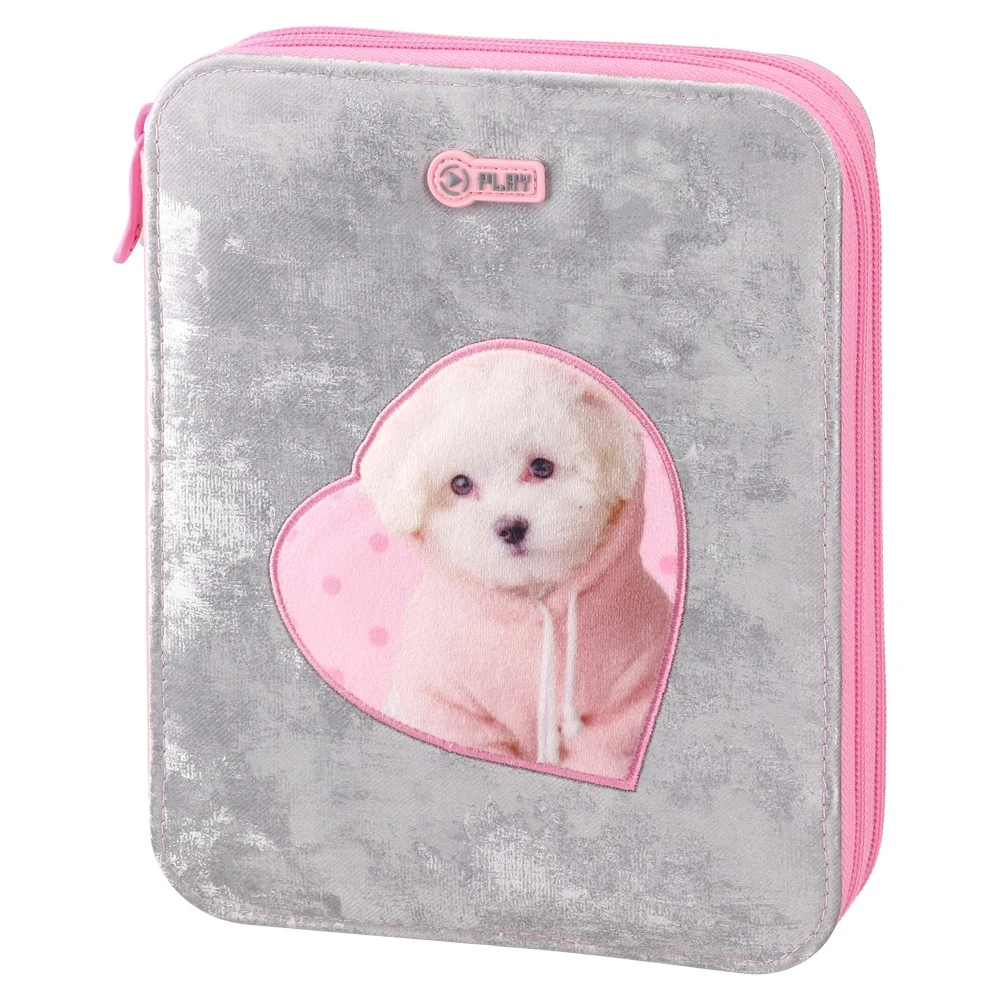 Rechizite școlare - Penar echipat Grande Plush Dog 2 compartimente gri fete