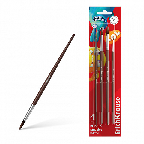 Noutăți Librăria Compas - Set 4 pensule pictura ErichKrause Jolly Friends par natural ponei marimi 2 4 6 si 8