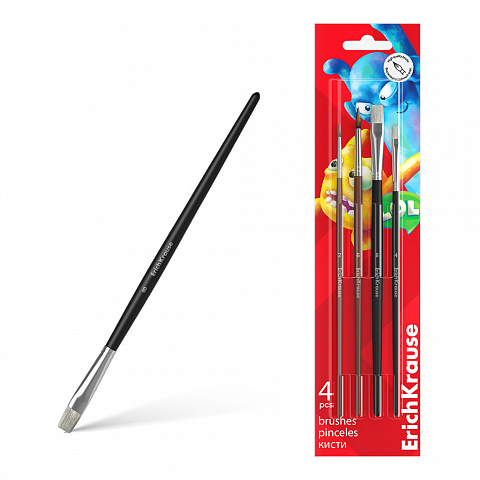 Noutăți Librăria Compas - Set 4 pensule pictura ErichKrause Jolly Friends par natural ponei marimi 2 4 6 si 8