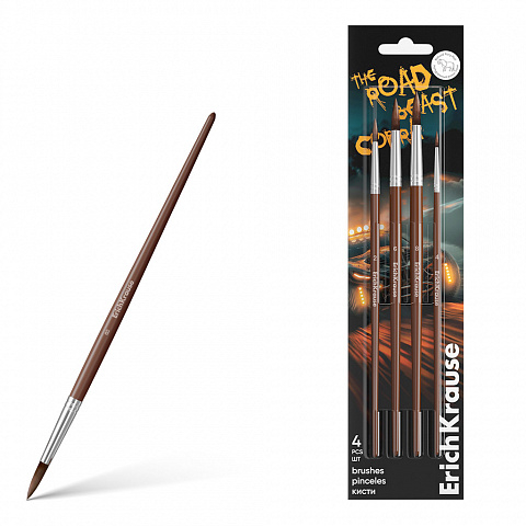 Noutăți Librăria Compas - Set 4 pensule pictura ErichKrause Road Beast par natural ponei marimi 2 4 6 si 8