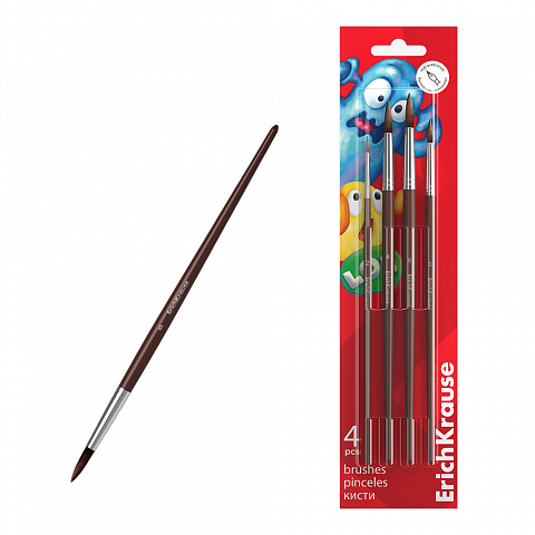 Noutăți Librăria Compas - Set 4 pensule pictura ErichKrause Jolly Friends par natural ponei marimi 2 3 4 si 5