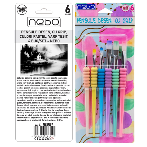 Pensule desen cu grip culori pastel varf tesit 6/set Nebo [1]