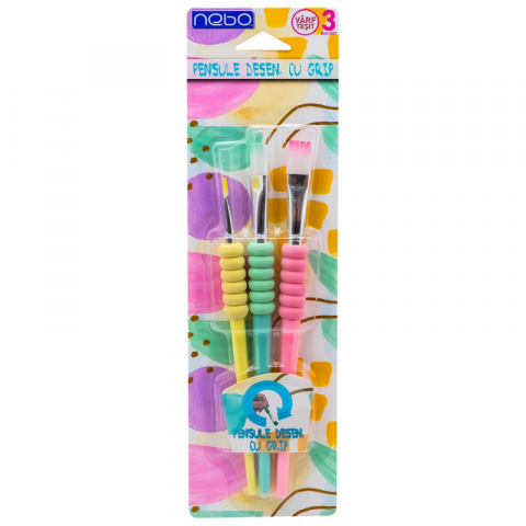 Pensule școlare - Pensule desen cu grip culori pastel varf tesit 3/set Nebo