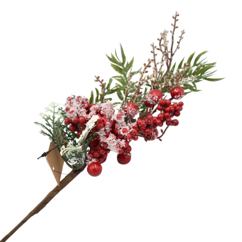 Decorațiuni și articole de Crăciun - Pick brad inzapezit cu bobite rosii 30 cm