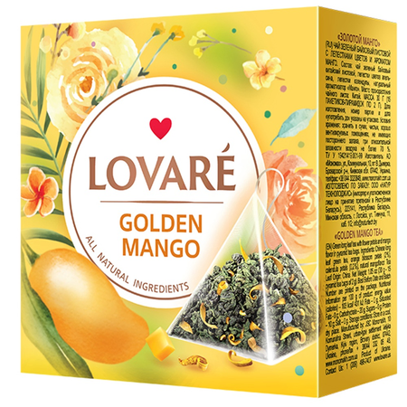 Ceaiuri premium Basilur - Ameste de ceai verde si petale de flori de portocal, cu aroma de mango Golden Mango 15 plicuri x 2 g Lovare