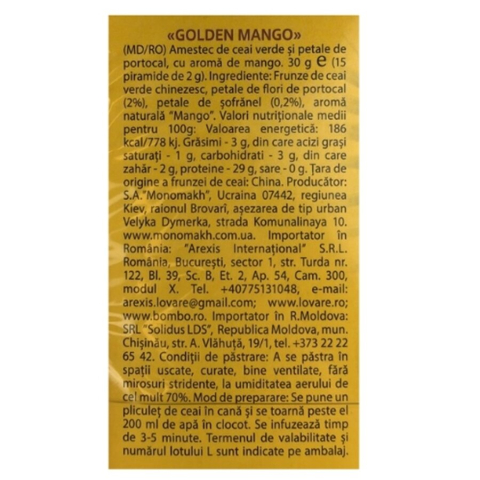 Ameste de ceai verde si petale de flori de portocal, cu aroma de mango Golden Mango 15 plicuri x 2 g Lovare [1]