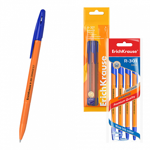 Pixuri - Set 4 pixuri cu bila ErichKrause R-301 Stick Orange 0.7 cerneala albastra