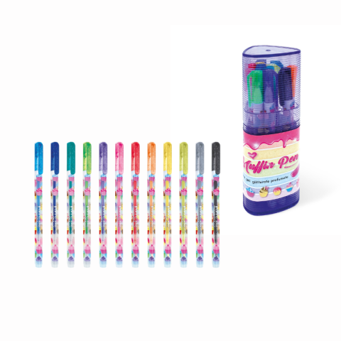 Rechizite școlare - Pixuri cu sclipici parfumat in carcasa 12 culori Muffin Pen