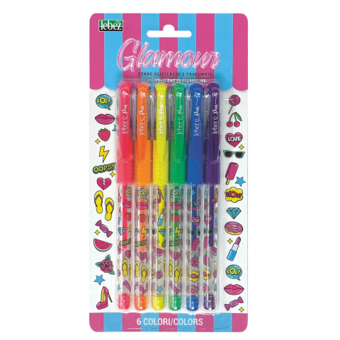 Rechizite școlare - Pixuri cu sclipici parfumat manere moi Glamour 6 culori