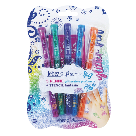 Rechizite școlare - Pixuri cu sclipici parfumat manere moi si sabloane 5 culori /set