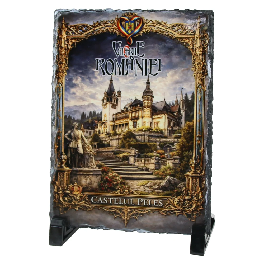 Casă și decorațiuni - Placa ardezie „Castelul Peles – Valoriile Romaniei” 14x19 cm